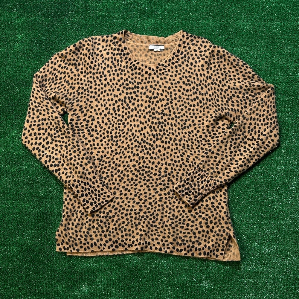 J.Crew Sweater Women S Tan Leopard Print 100% Cashmere‎ Crewneck Long Sleeve
